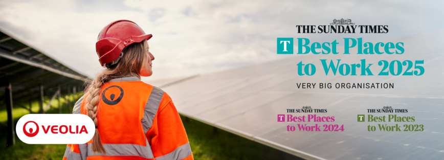 Banner showing a person looking at a solar panel and promotion of Veolia being awarded the Sunday times best place to work